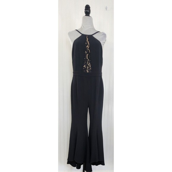 NEW Zara Woman Black Bell Bottom Jumpsuit Lace Insert Size L Spaghetti Straps - Picture 2 of 15